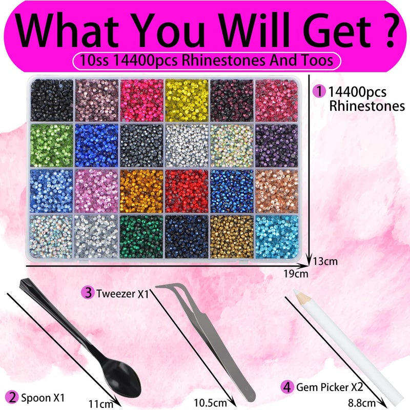 LPBeads Glass Hotfix Rhinestones Bulk SS10 14400pcs 24 Colors Hotfix Crystal Flatback Rhinestones for Crafts Clothes with Tweezers and Wax Pencil Kit - Image 2